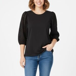 Puff Sleeve Blouse XL Black Eyelet Sleeves